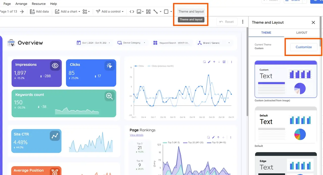 Go to Theme and Layout in data studio