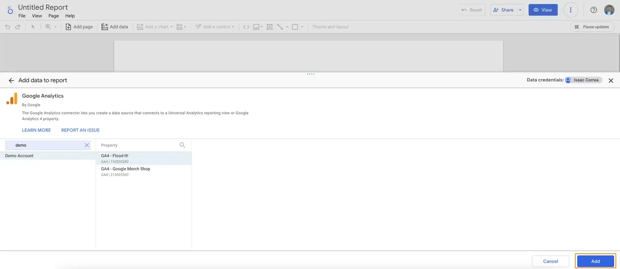 Selecting Google Analytics account and view in Looker Studio