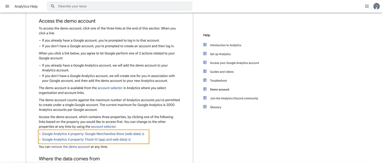 Screenshot of Google Analytics demo account setup screen