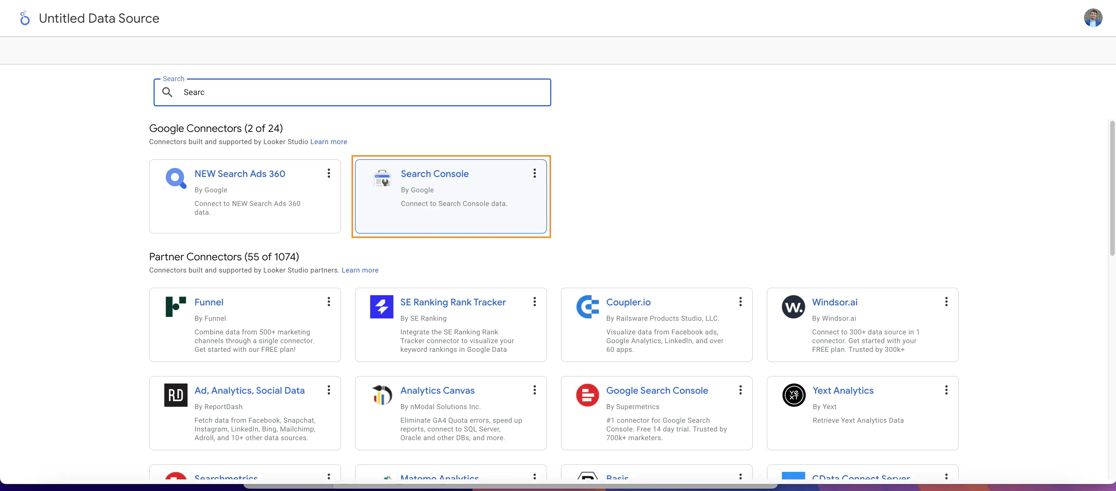 Selecting the Google Search Console connector