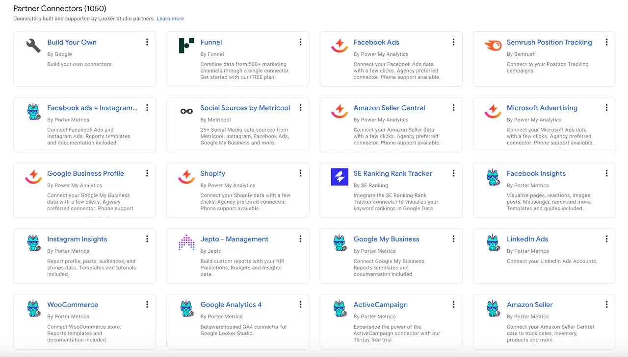 Display of third-party Looker Studio connectors such as Porter Metrics and Power My Analytics