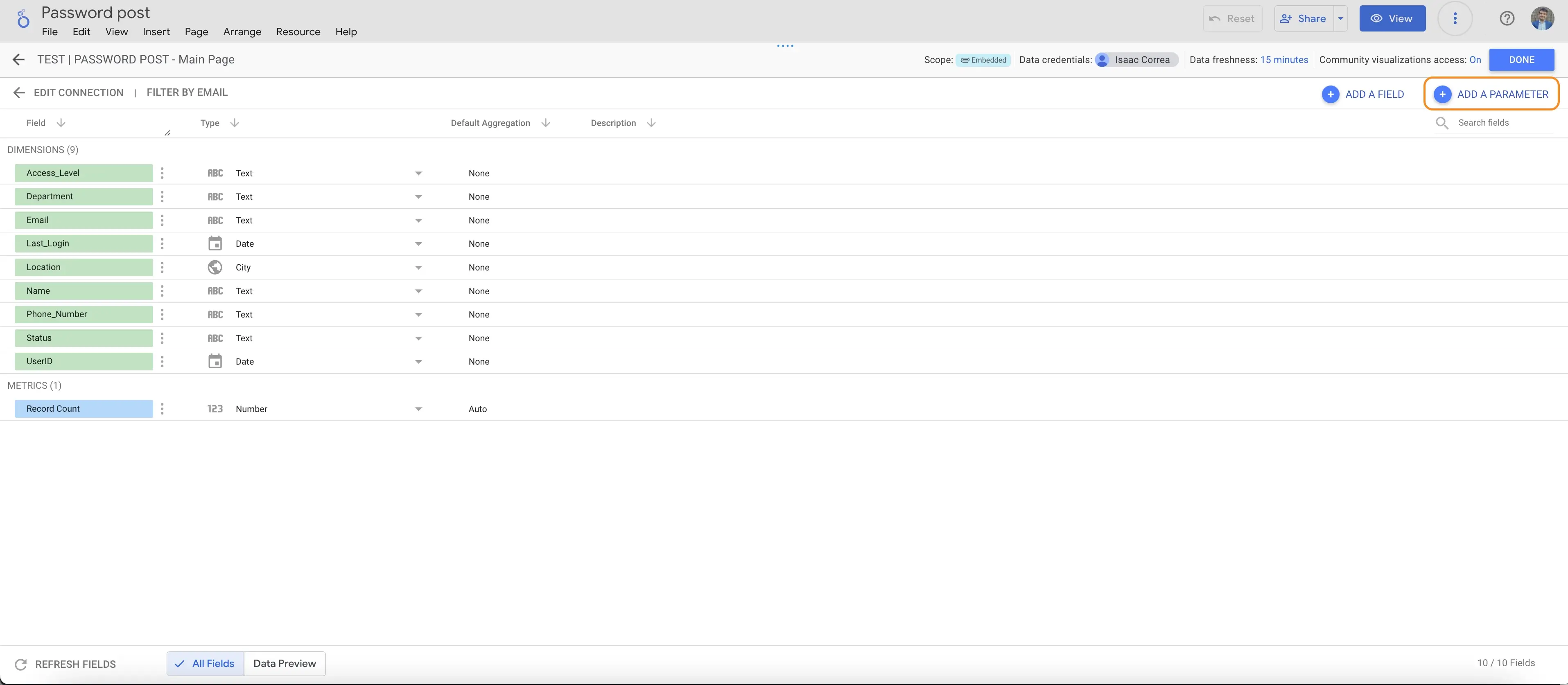 Creating a parameter in Looker Studio