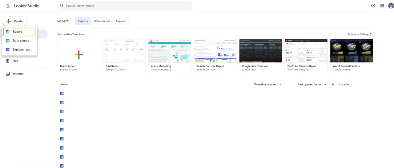 Looker Studio homepage showing report creation option