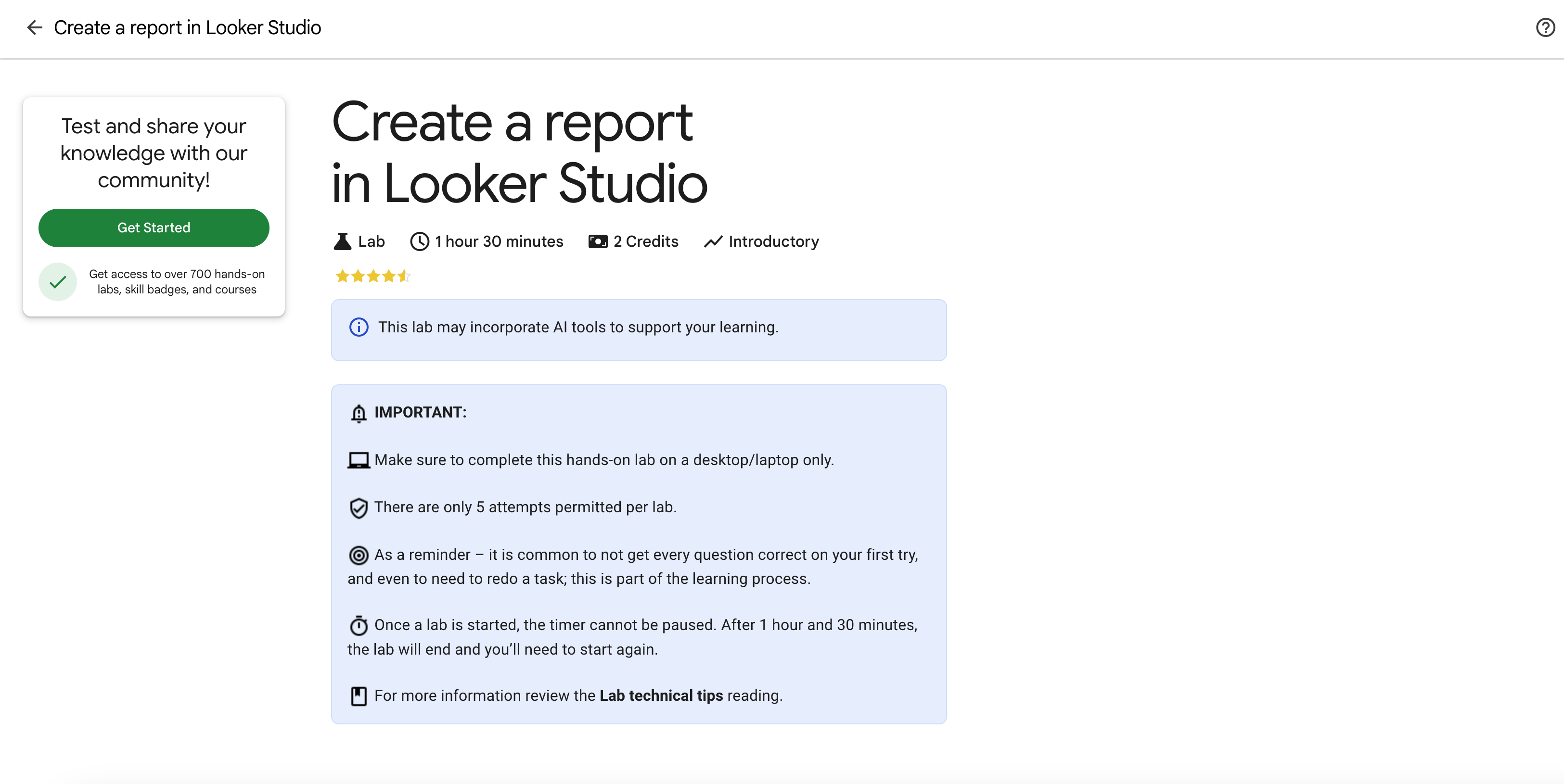 Screenshot of Looker Studio Labs interface, featuring guided learning paths for reports and analytics.