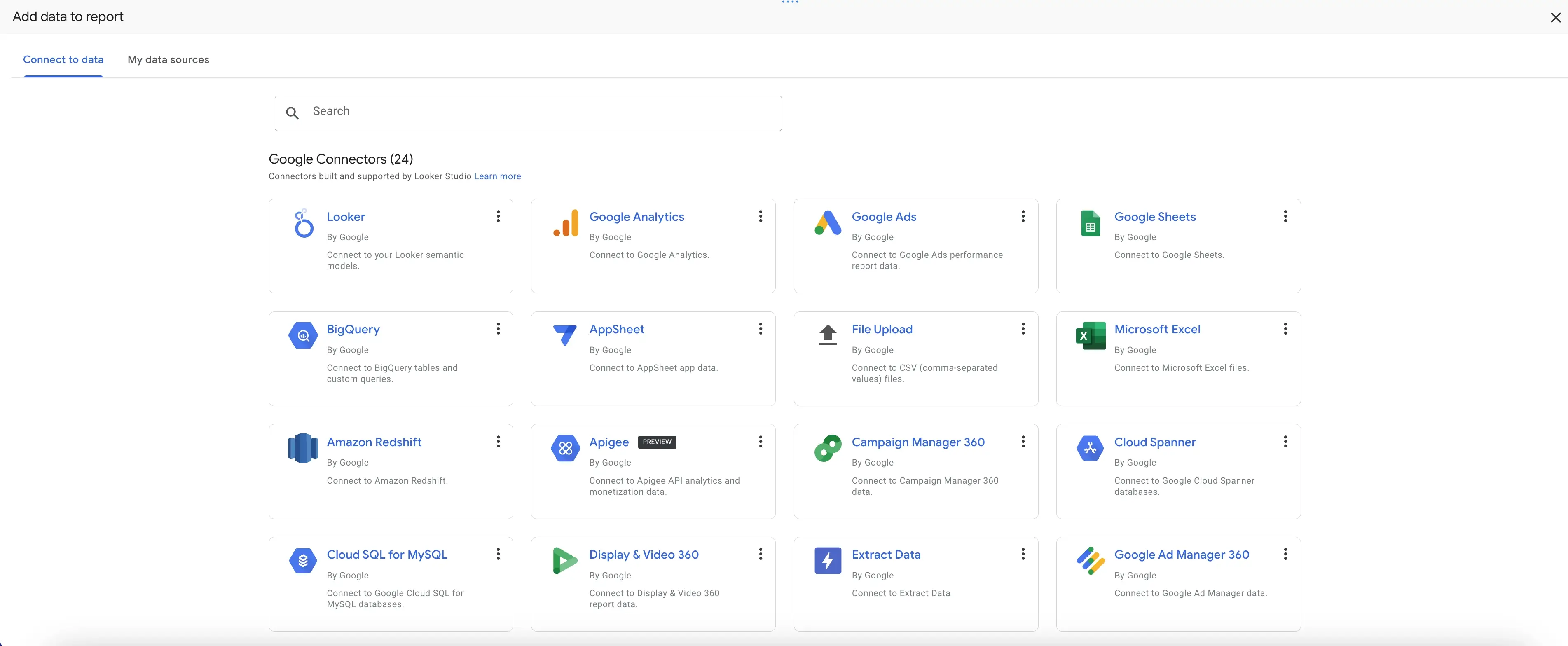 A Looker Studio interface showing multiple data sources being connected, including Google Analytics, Google Sheets, and third-party connectors, presented in a clean layout.