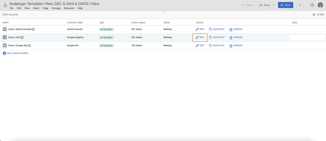 Editing the connection settings in Looker Studio for a problematic dataset