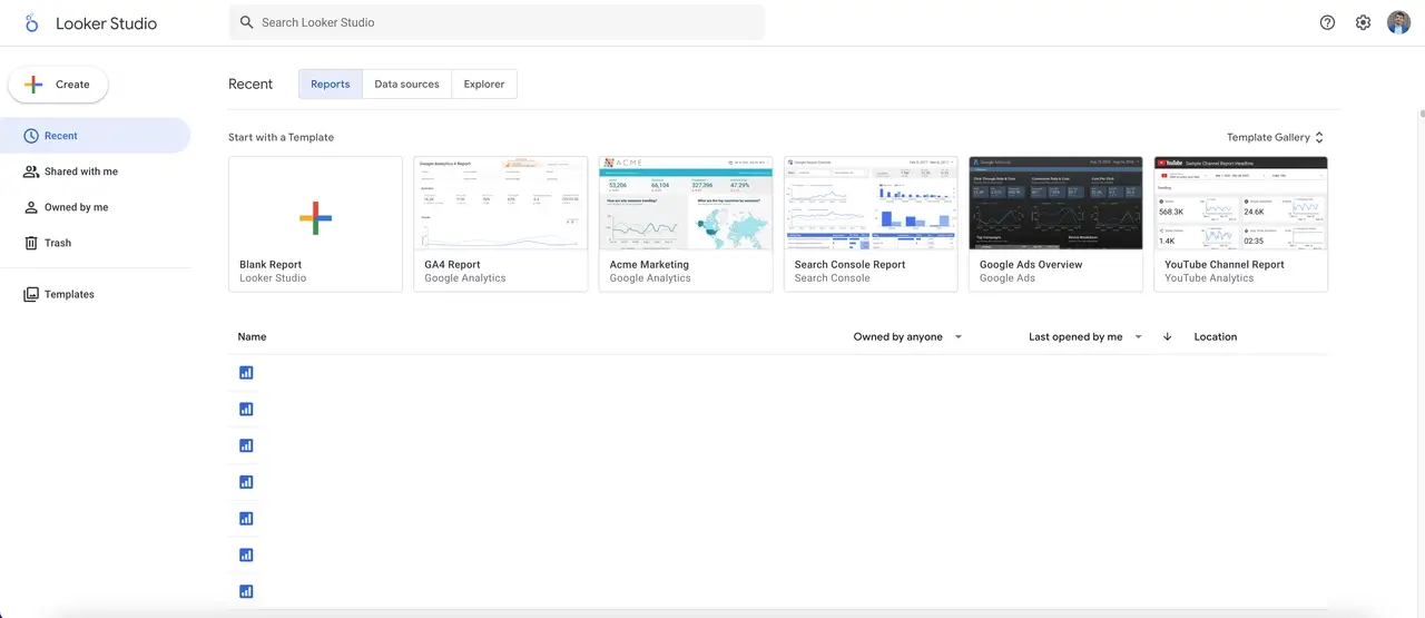 Looker Studio homepage showing options to start new reports