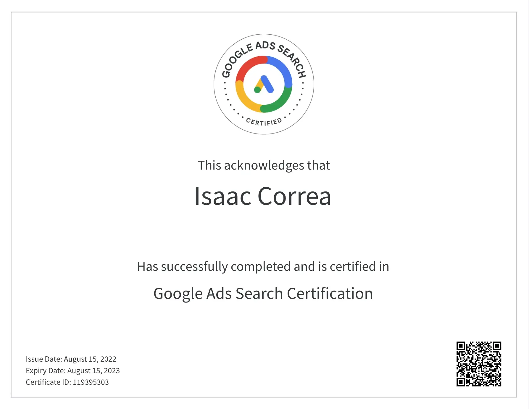 Google Ads certification displayed on a computer screen