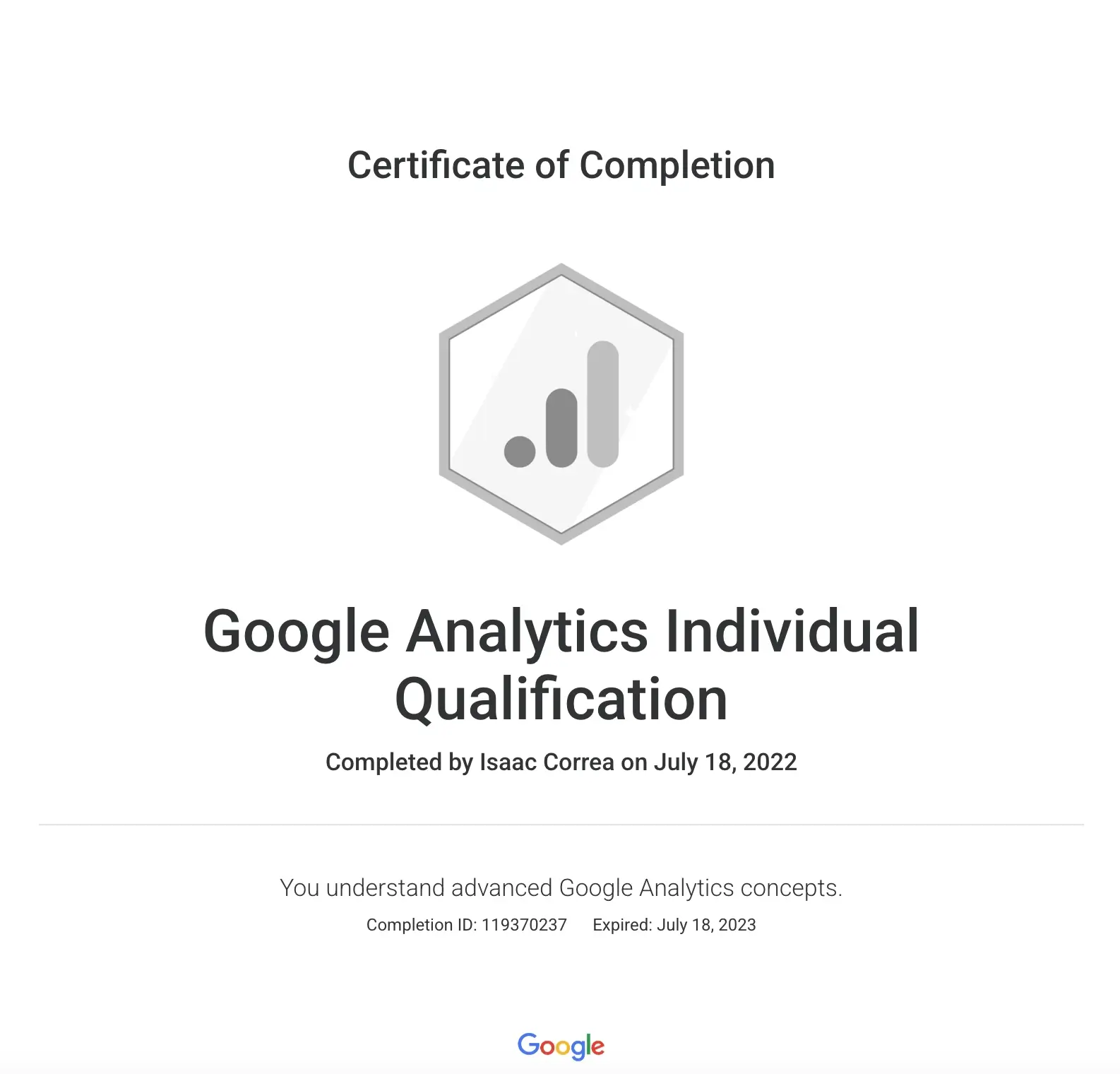 Google Analytics certification badge on a laptop screen