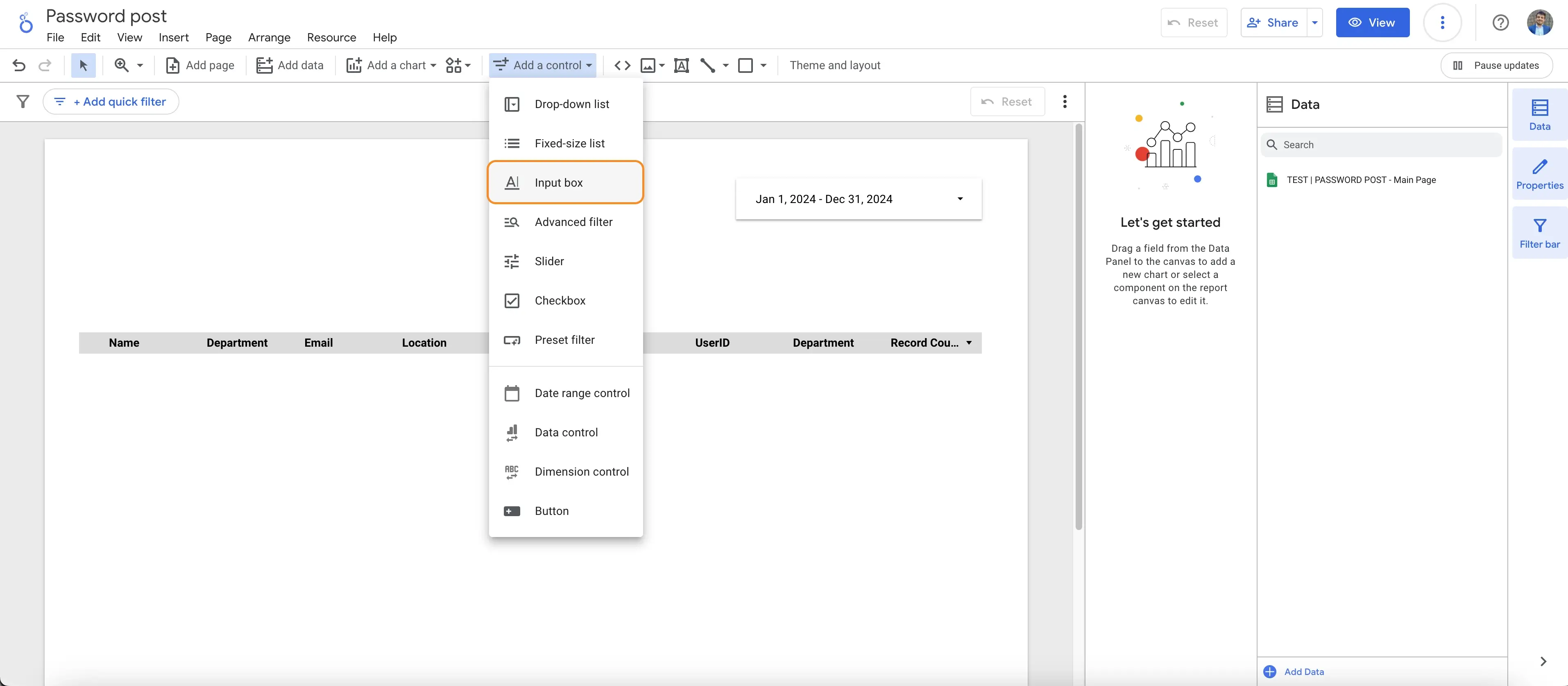 Adding an input box to the report in Looker Studio