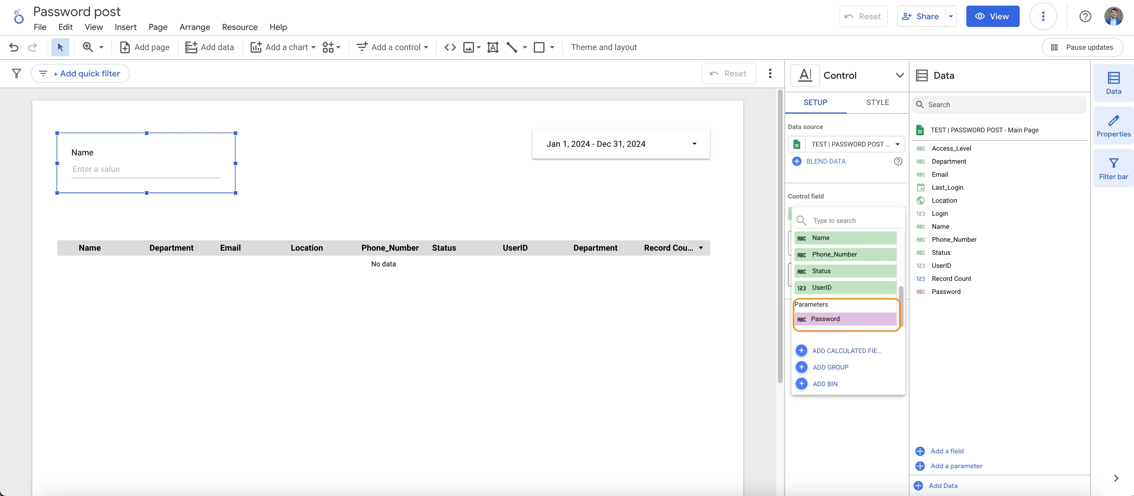 Selecting the password parameter in Looker Studio