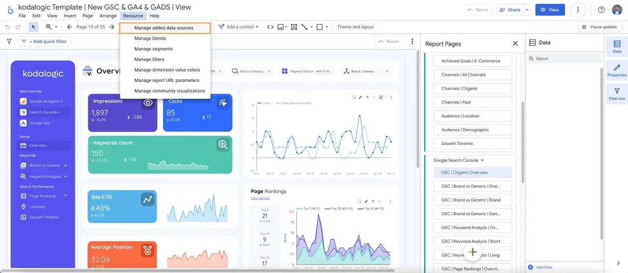 Navigating to manage data sources in Looker Studio to troubleshoot connection issues